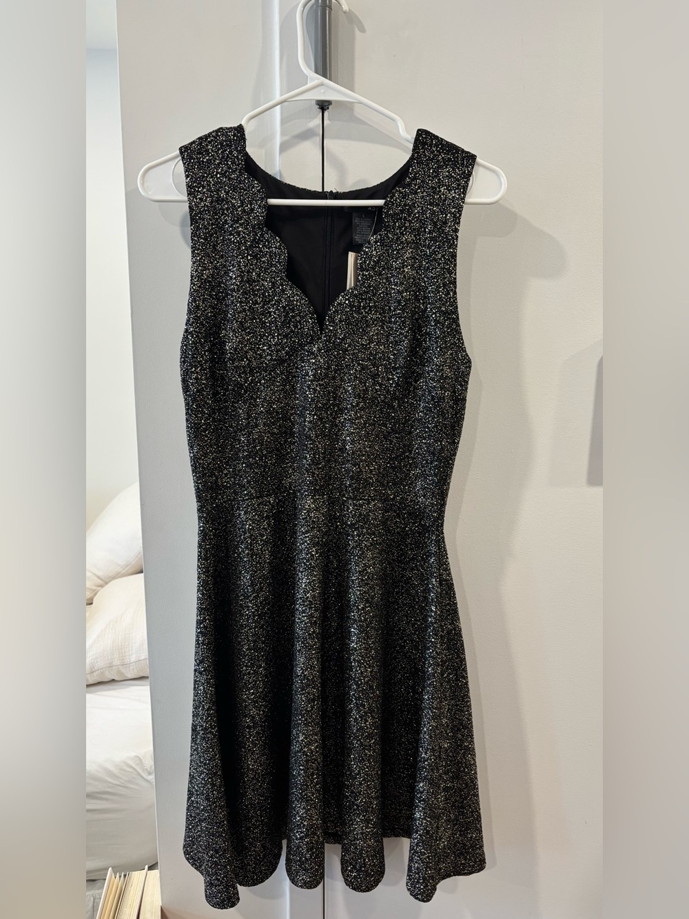 Gold Fit & Flare Dress with Scalloped Neckline